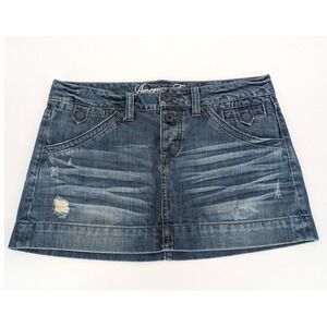 Y2K American Eagle Denim Mini Skirt 6 Blue Distressed Low Rise Indie Sleaze Boho